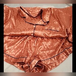 Rose Gold Satin Leopard Print Pajama Short Set 4XL Longewear Sleepwear